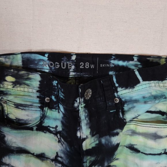 Rogue Jeans Tie Dye Mens 28 Black Skinny Stretchy Denim Pants Boho Retro - Picture 11 of 14